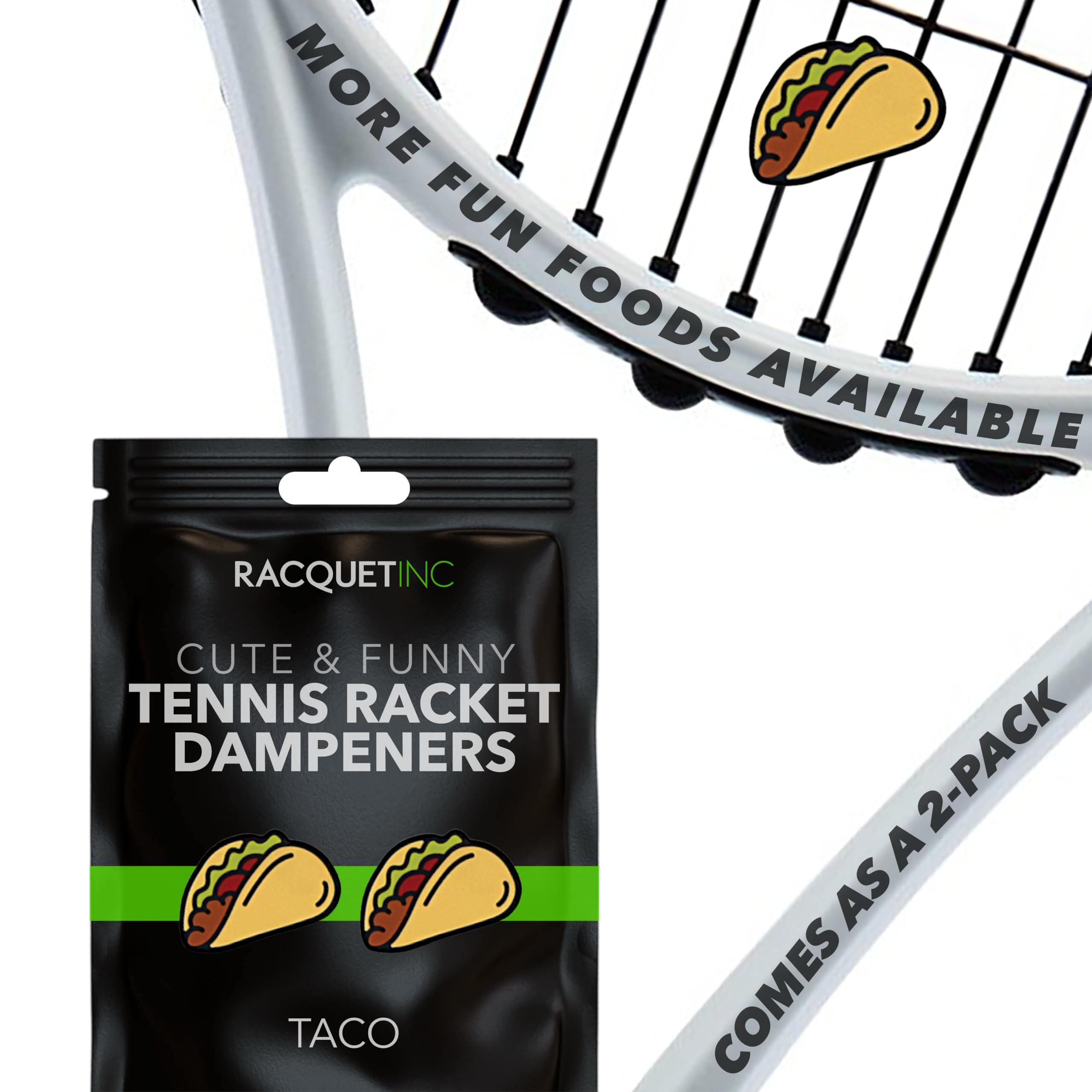Racquet Inc. - Tennis Racket Vibration Dampeners - Shock Absorbing, Reduces String Vibration for Better Control & Comfort - Universal Fit for All Racquets - 2 Pack (Taco) — image 1