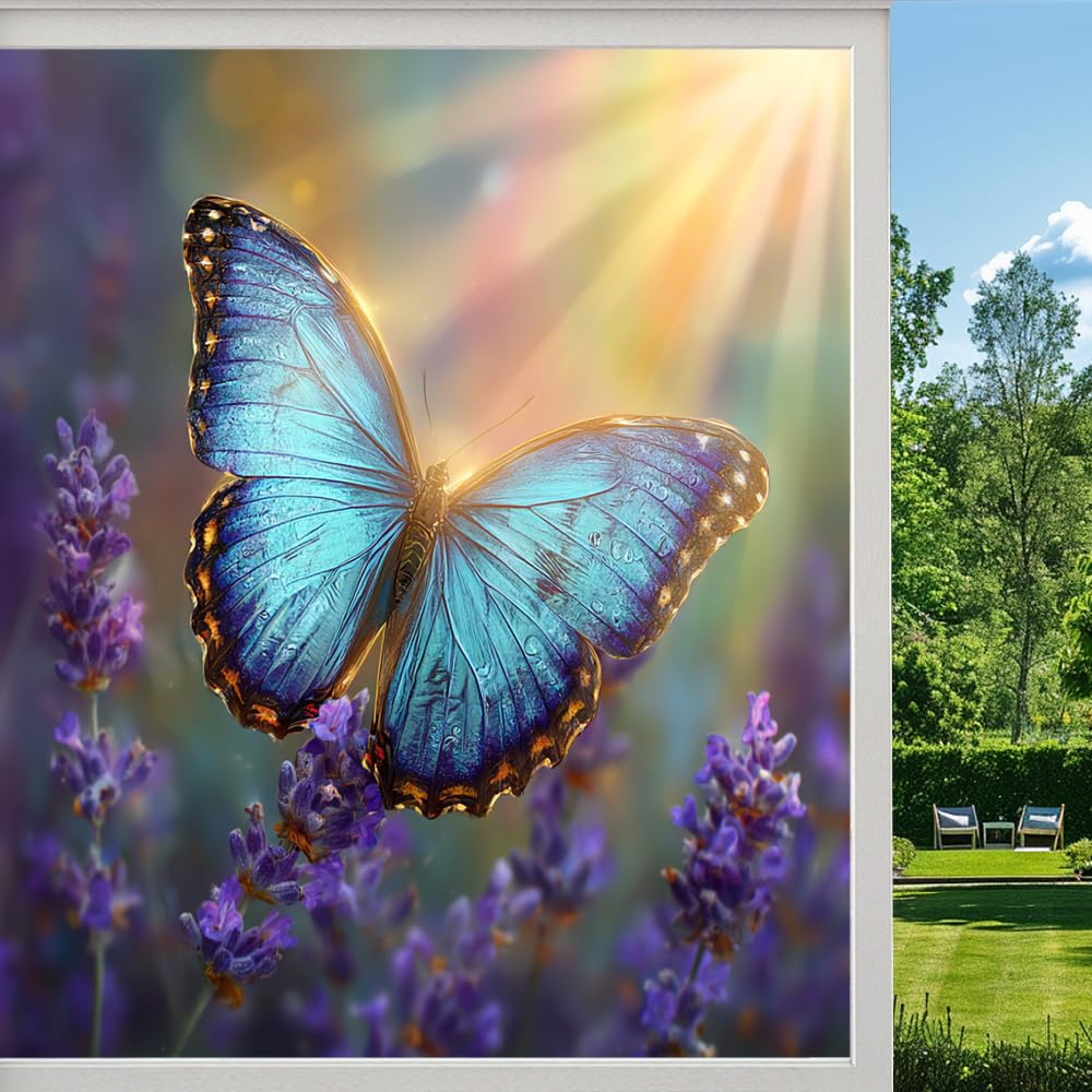 Dreamy Lavender Stained Glass Window Film, Butterfly Sunshine Garden Peel and Stick Privacy Film, Frosted Adhesive Vinyl Decorative for Bathroom Windows Glass Doors,（55x100cm）