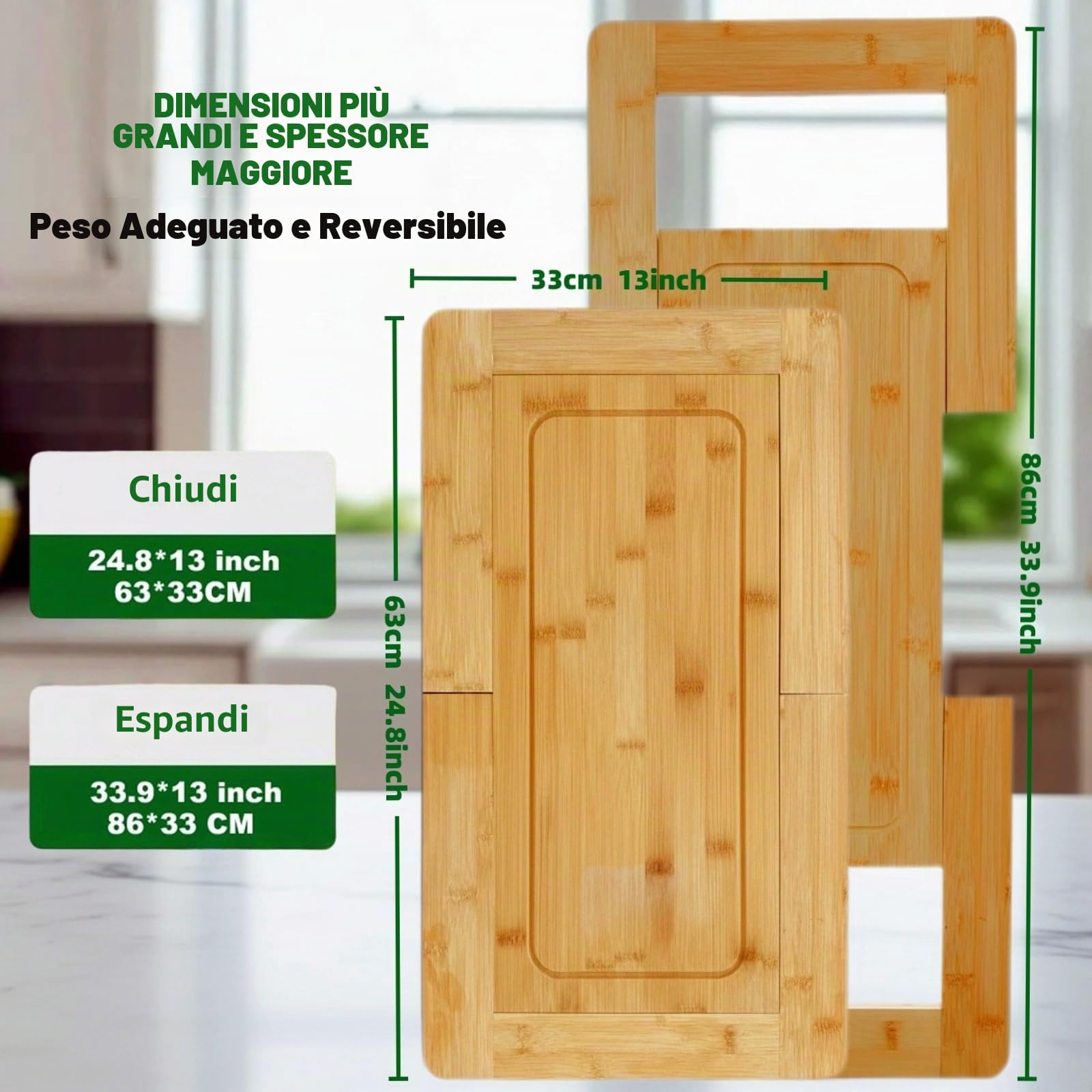Tagliere per lavello da cucina, allungabile con vassoio antigoccia, tagliere in bambù, tagliere extra large, tagliere da lavello