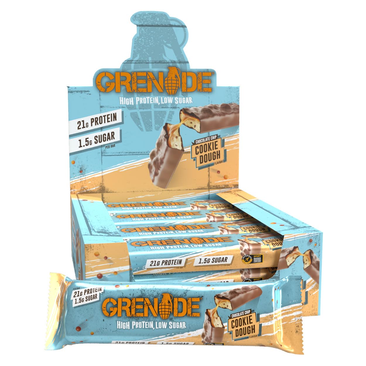 Grenade High Protein, Low Sugar Bar - Chocolate Chip Cookie Dough, 12 x 60 g (Packaging May Vary)