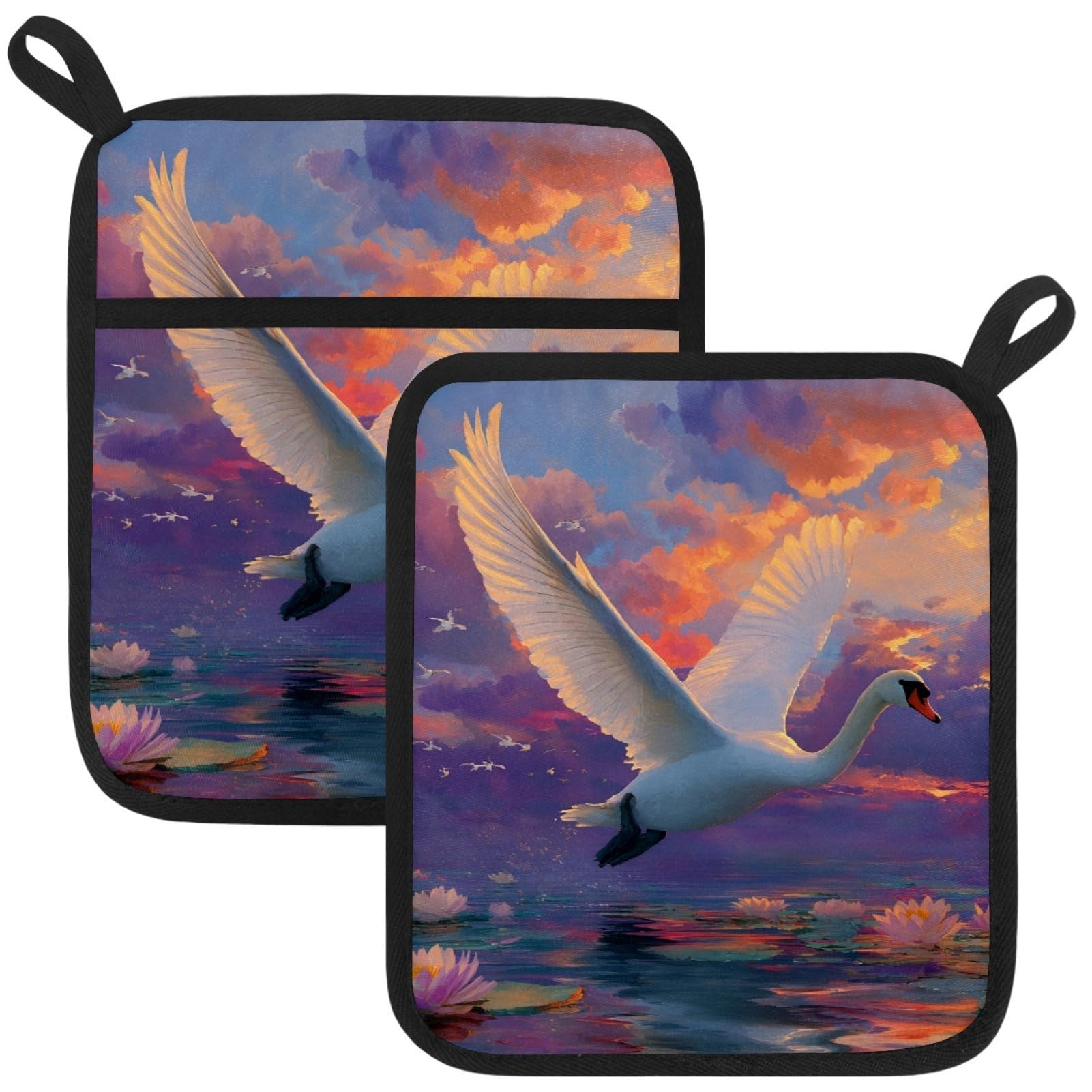 VAPOKF Swan Flower Heat Resistant Pot Holders, Thick Pot Holders Pad with Hanging Loop for Kitchen, Oven Cloth Pads for Kitchen Baking Microwave Oven