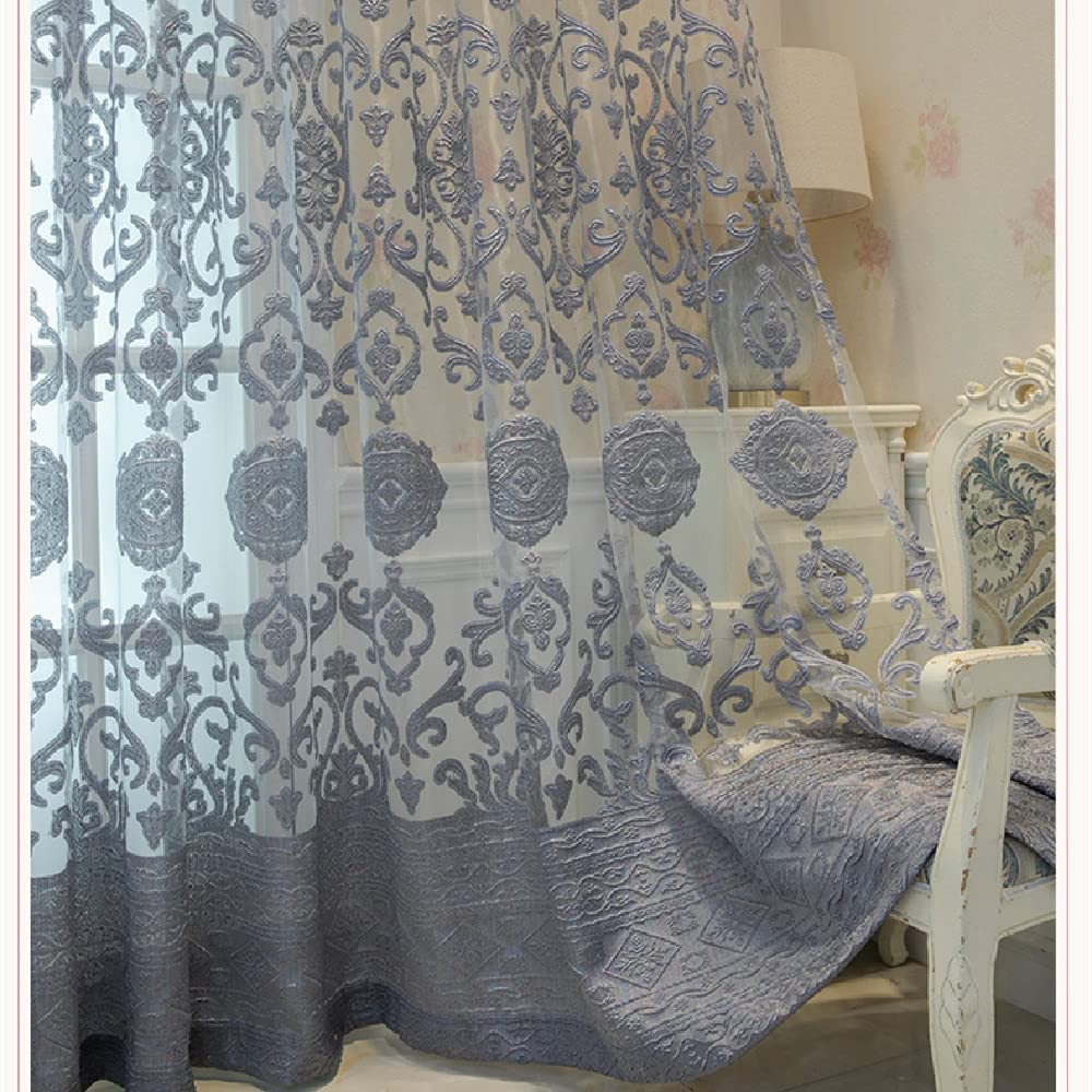 Amidoudou 1 Pair Luxury European Sheer Curtains Hollow Embroidered Tulle Curtains for Bedroom Living Room (Gray,54x96 Inch)