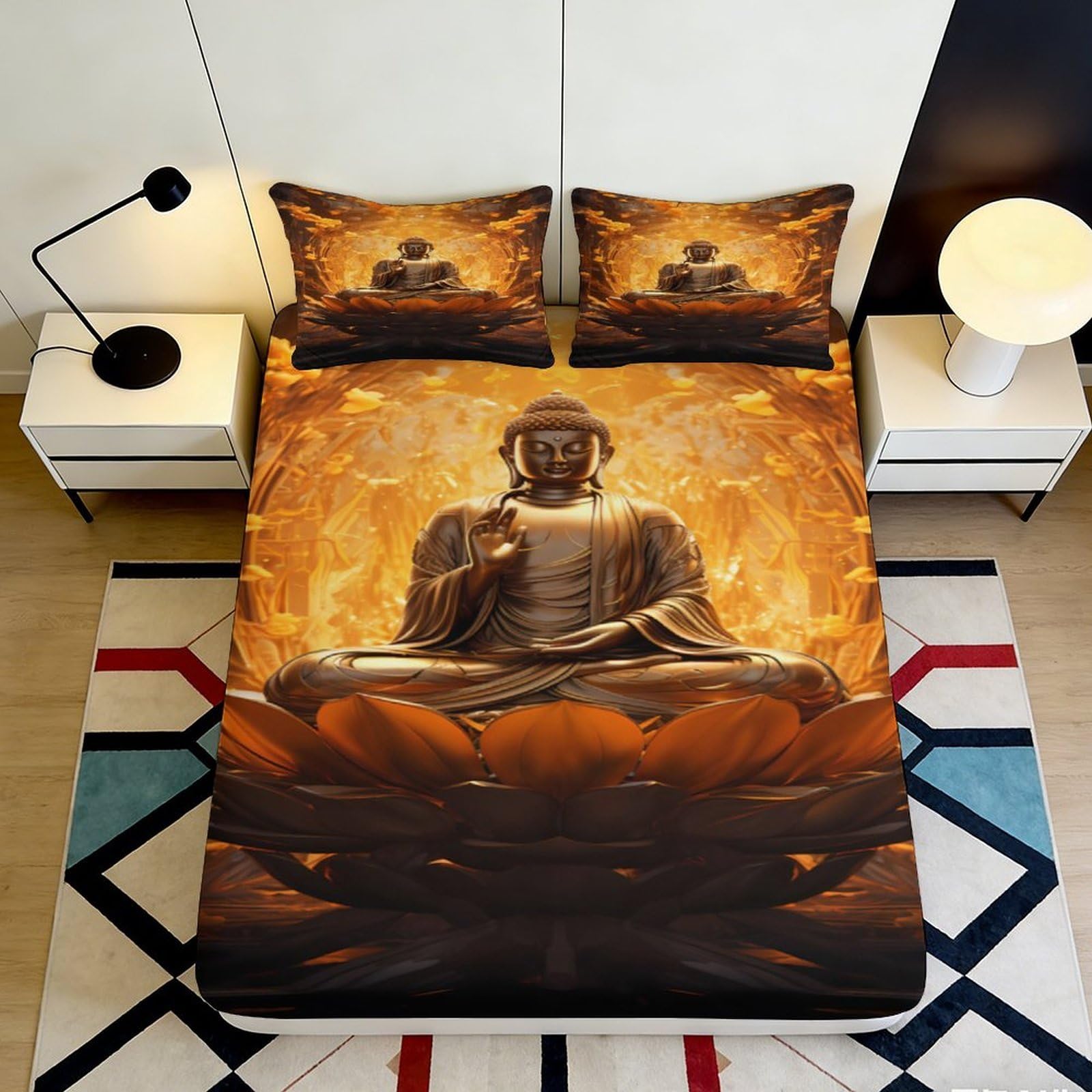 3D Printed Golden Buddha Fitted Sheet Microfiber Soft Breathable Lotus Flower Bed Cover for Bedroom Dormitory Guest Room Mattress Protection 160x200x25cm