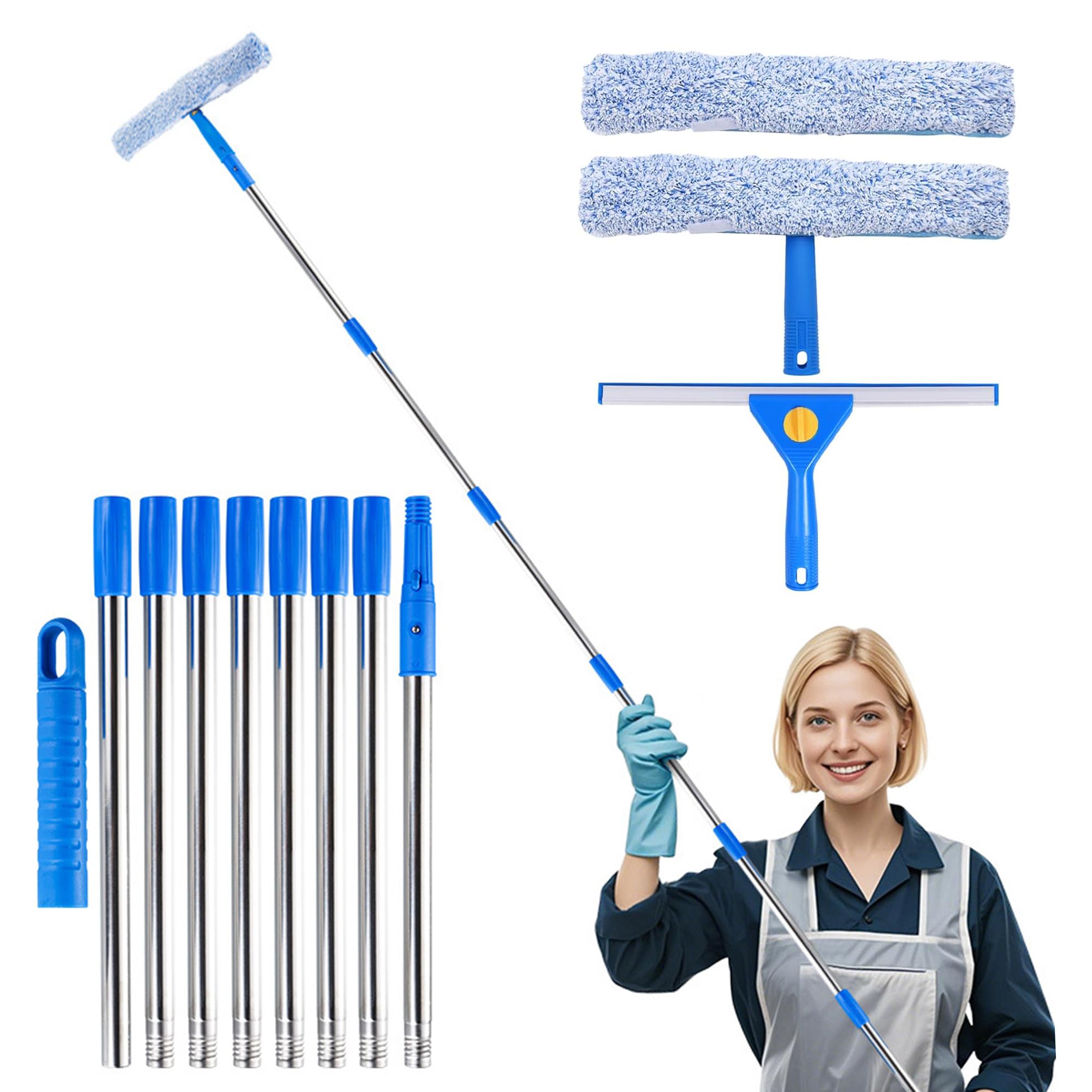 Window Cleaning Pole Squeegee Kit - 3m Window Cleaning Equipment Cleaner Tool with Long Handle Glass Cleaning Tools with Silicone Squeegee Microfiber Scrubber, for Shower Glass Mirror Door Car