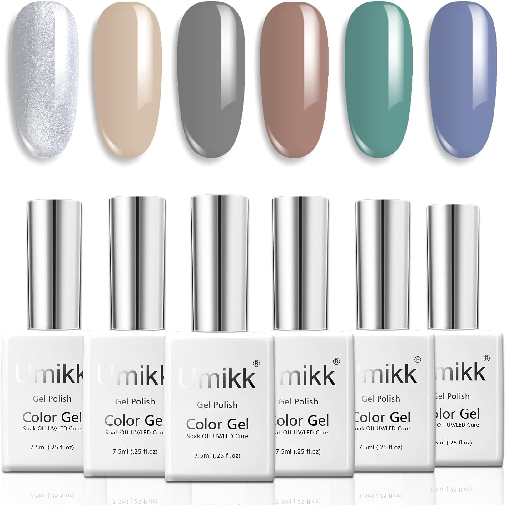 Umikk Gel Nail Polish 6 Colours Set Silver Shimmer Beige Gray Dark Beige Greyish Blue Green Bluish Violet 7.5ml Soak Off UV LED Cure for Nail Art Manicure Pedicure