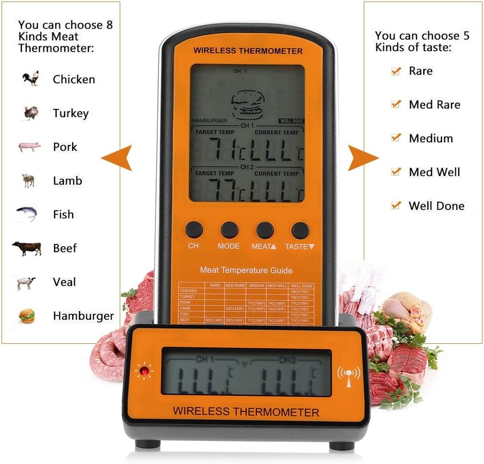 review Wireless Meat Thermometer, Digital Remote Food Cooking Thermometer for Cooking Food Oven BBQ Grill, 100 FT Range & Dual Probes