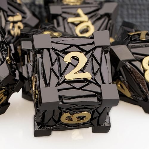 Miniatura 3 de Juego de 7 dados de metal DND con caja, dados D y D de oro negro para uso con juegos de mesa D&D, juego de rol, juego de dados poliédricos D20 D12