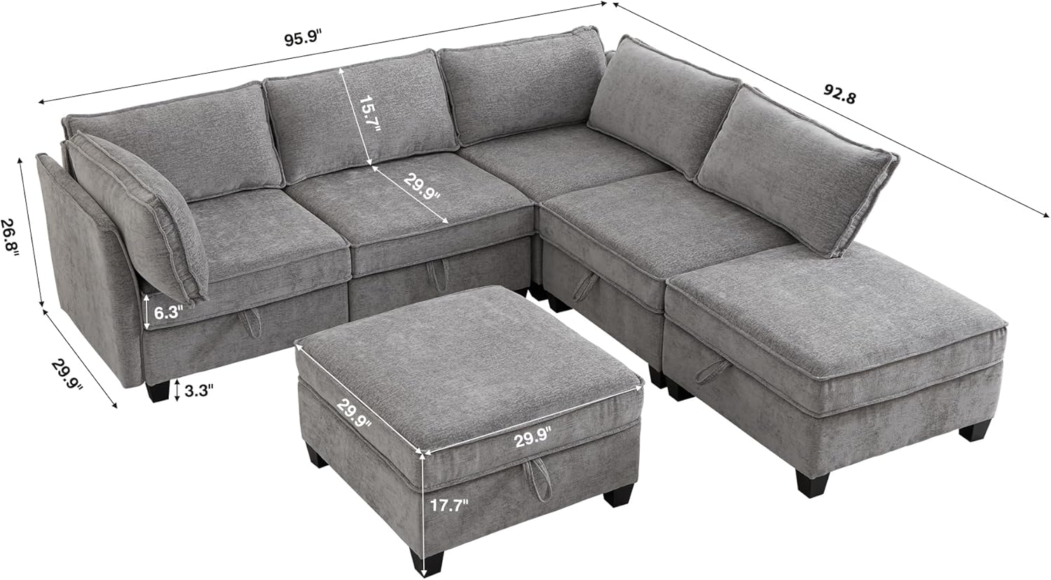 Diagram showing detailed dimensions of the ORRD 6-Seater L-Shape Modular Sectional Sofa and ottoman