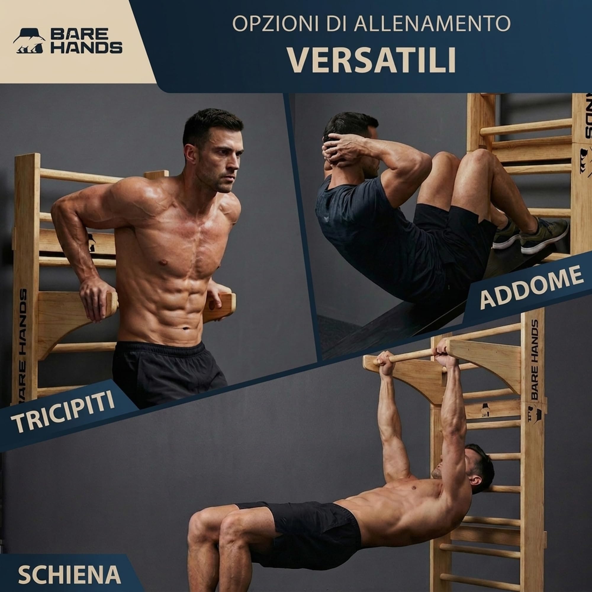 Bare Hands Spalliera Svedese in Legno per Adulti e Bambini – Parete da Ginnastica e Arrampicata Fino a 200 kg – Estremamente Robusta – Disponibile con o Senza Barra per Trazioni e Dip
