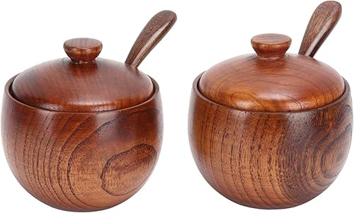 Juego de 2 tarros de condimentos con tapas y cucharas, contenedor de almacenamiento de azúcar y sal de madera, ollas de especias, suministros de