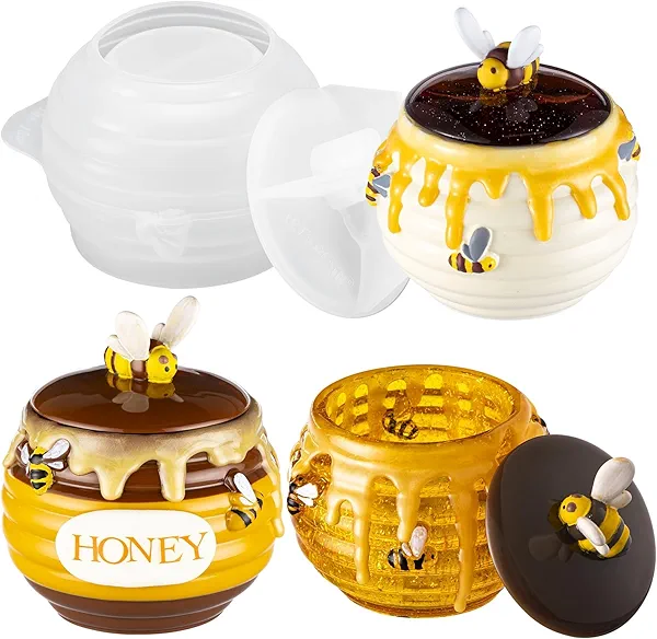 LET'S Resin Honey Jar Silicone Mold With Lid and Bee, Large Honeycomb Shape Container for Epoxy Resin Casting, Candle Holder, Party Favors, Christmas Gifts