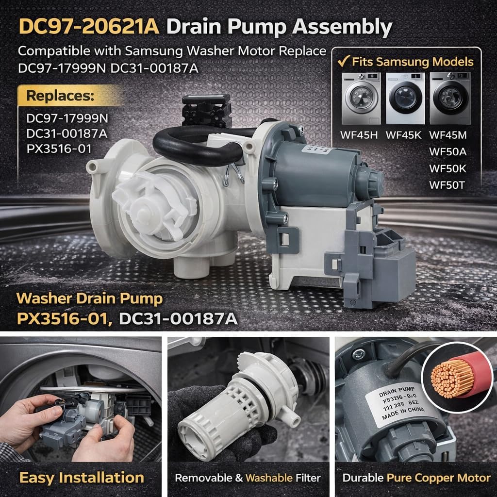 DC97-20621A DC31-00187A Drain Pump Assembly for Samsung Washer Replace DC97-17999N, 2754406, 4958525, PS12592830, EAP12592830, AP5583541, PX3516-01 WF45H6100AP/WF45H6100AP/WF45H6300AG