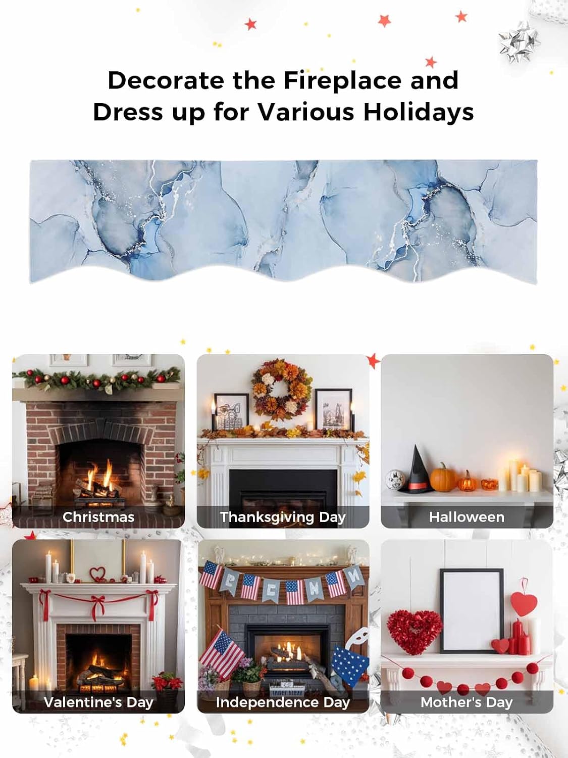 Blue Marble Fireplace Mantle Scarf, Modern Ombre Abstract Fluid Aesthetic Mantel Cover Table Runner for Home Living Room Door Window, Indoor Outdoor Holiday Party Decor 17" x 90"