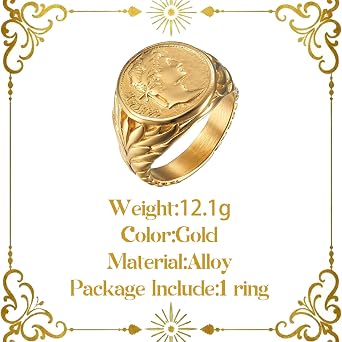 Vintage Roman Caesar Signet Ring Gold Plating Retro Metal Alloy Statement Piece for Men & Women, Portrait of Caesar the Great Personalised Thumb Knuckle Jewellery Gift Birthday Christmas (Size 7)