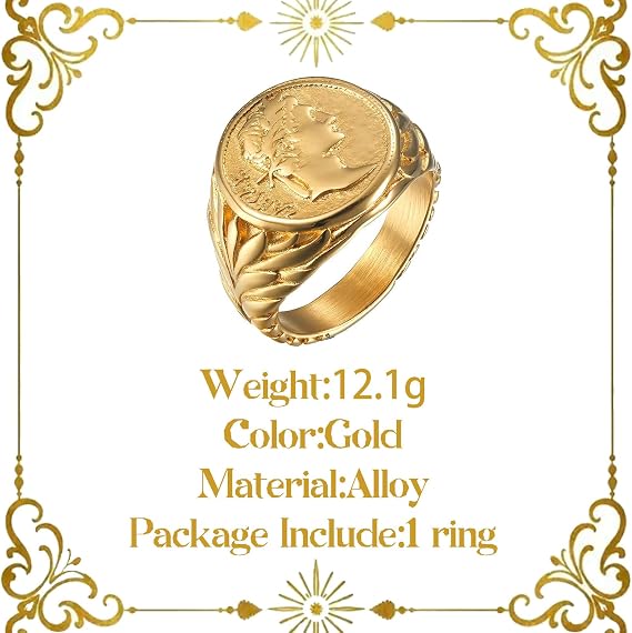 Vintage Roman Caesar Signet Ring Gold Plating Retro Metal Alloy Statement Piece for Men & Women, Portrait of Caesar the Great Personalised Thumb Knuckle Jewellery Gift Birthday Christmas (Size 7)