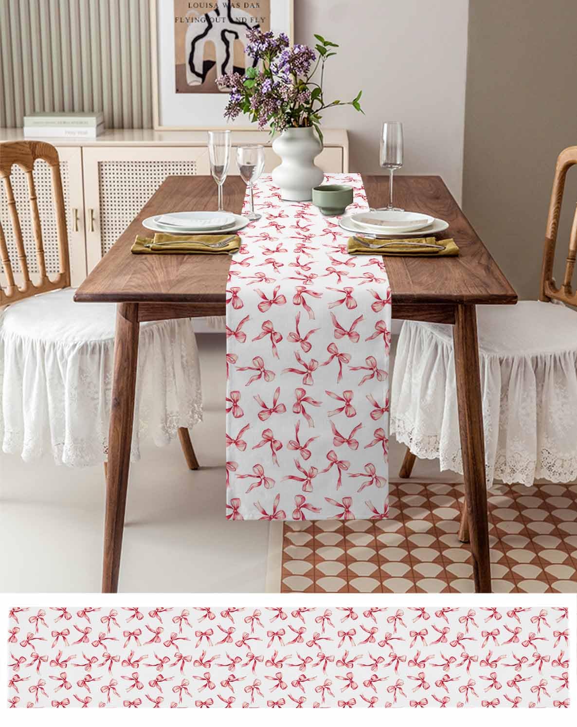 Amazon.com: Table Runners-48 Inch Long,Watercolor Red Bow on White Linen  Dresser Scarves Dining Table Runner Seamless Bow-Knot on White Tabletop  Scarf for Home Kitchen Holiday Party Decor : Home & Kitchen