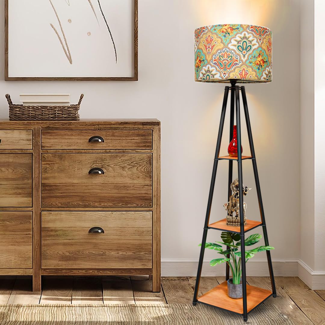 Floor Lamp with for Living Room with 3 Shelves Decorative Metal Floor Lamp Standing Home Decoration Floor JuteLamp Shade Reading for Bedroom, Office,Kitchen (A4)
