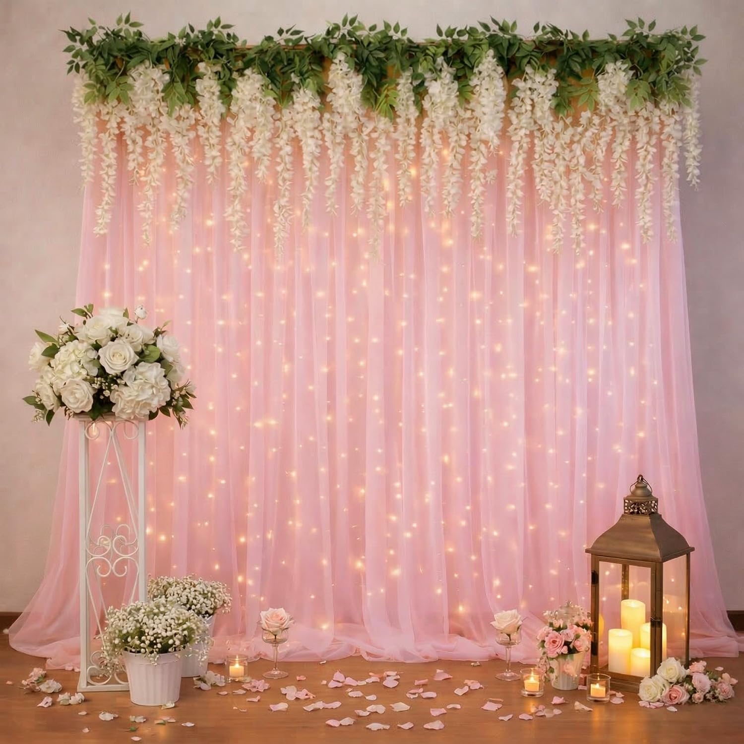 Party Propz Light Pink Net Curtain for Backdrop Decoration with Artificial Ivory Wisteria Flower & Light -9Pcs, Ganpati Decoration Setup for Home, Ganpati Decorations, Varalakshmi Pooja, Janmashtami-image-21