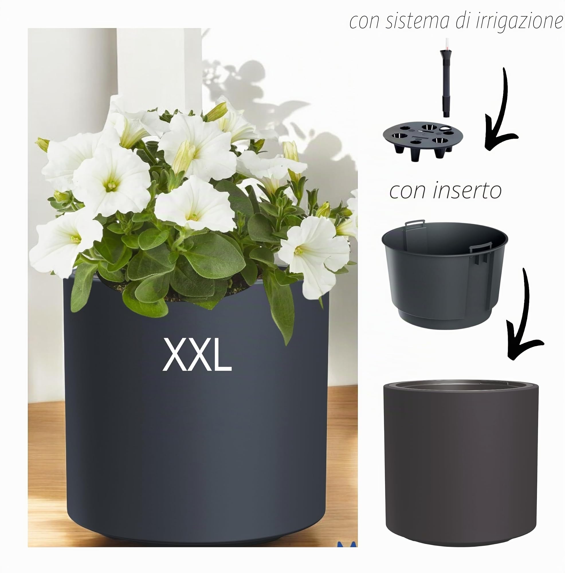 MELTOM Vaso da fiori con inserto e sistema di irrigazione – Rotondo e moderno – Resistente al gelo e ai raggi UV – Vaso per piante in plastica per interni ed esterni – (Antracite, XXL)