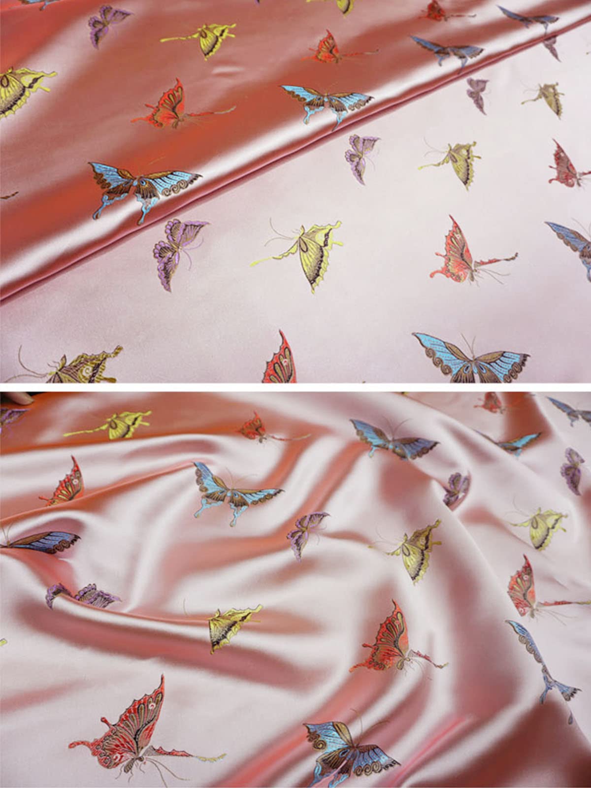 Brokatowa satynowa tkanina kwiatowa do samodzielnego szycia, tło piękny wykwintny kolorowy wzór motyla kwiatowego miękka tkanina do szycia cheongsam 115X100cm,Tkanina w kwiaty