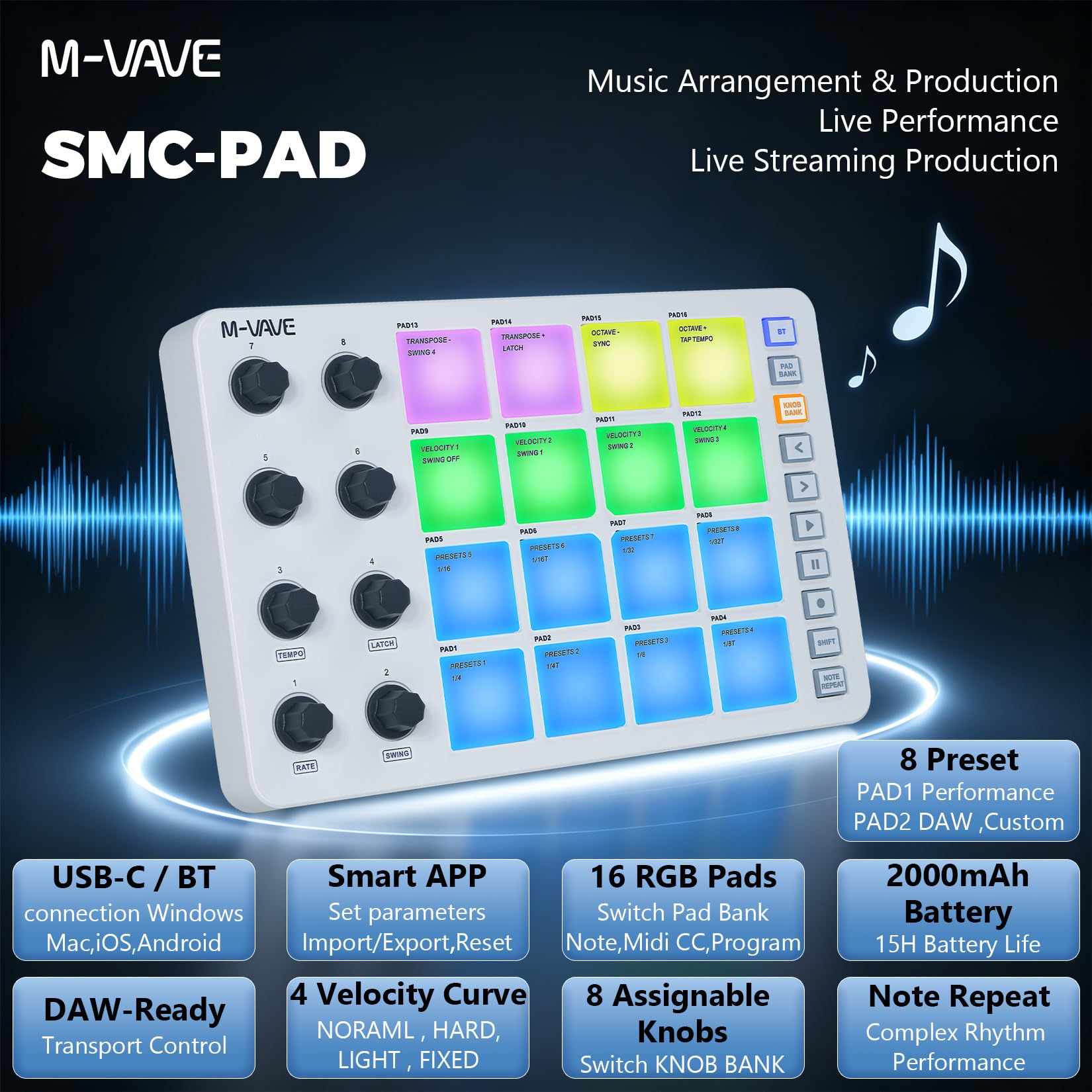 M-VAVE SK12 SMC-PAD MIDI Controller mit 16 Drum Pads, 8 zuweisbaren Drehknöpfen, Notenwiederholung, wiederaufladbarer Akku, Weiß