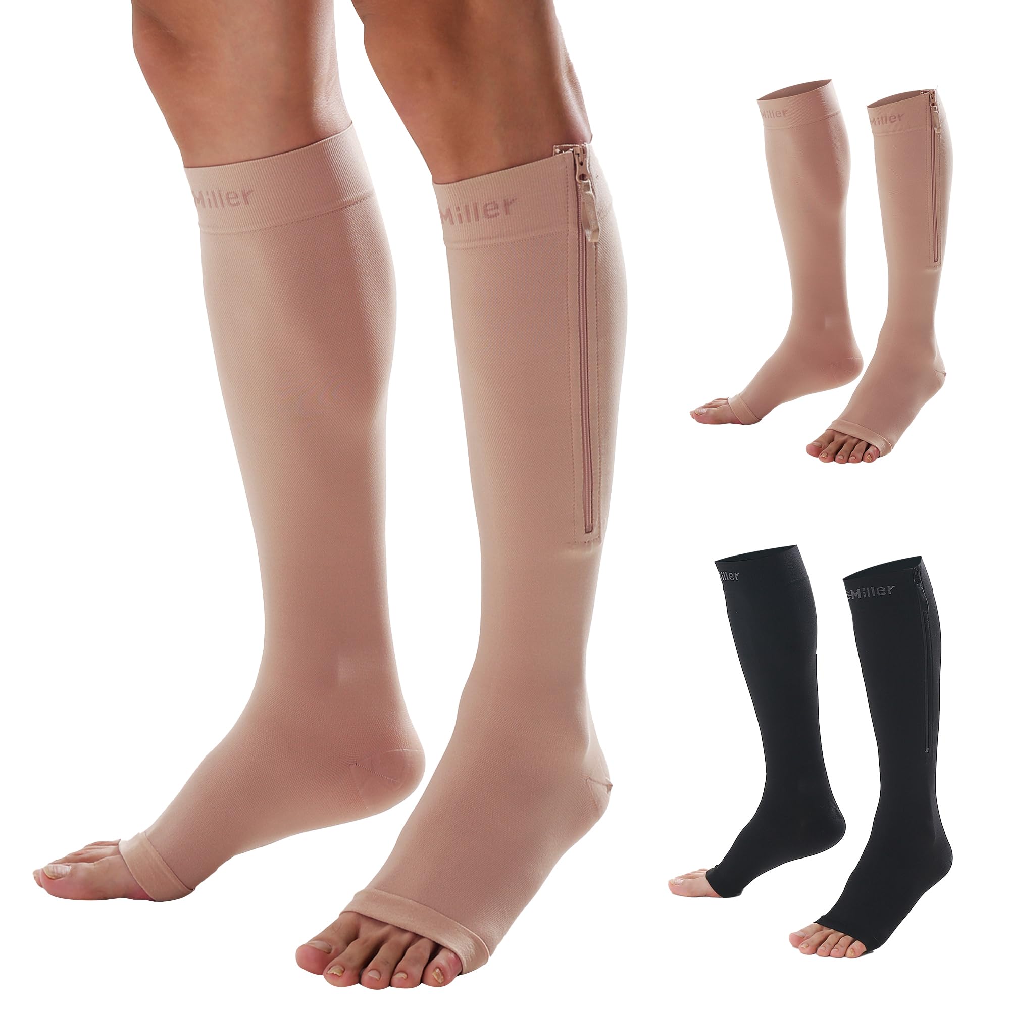 Calcetines de compresión Doc Miller con cremallera, punta abierta, hasta la rodilla, 15-20 mmHg, para mujeres y hombres, fáciles de usar, para viajes, maternidad, uso diario, 1 par