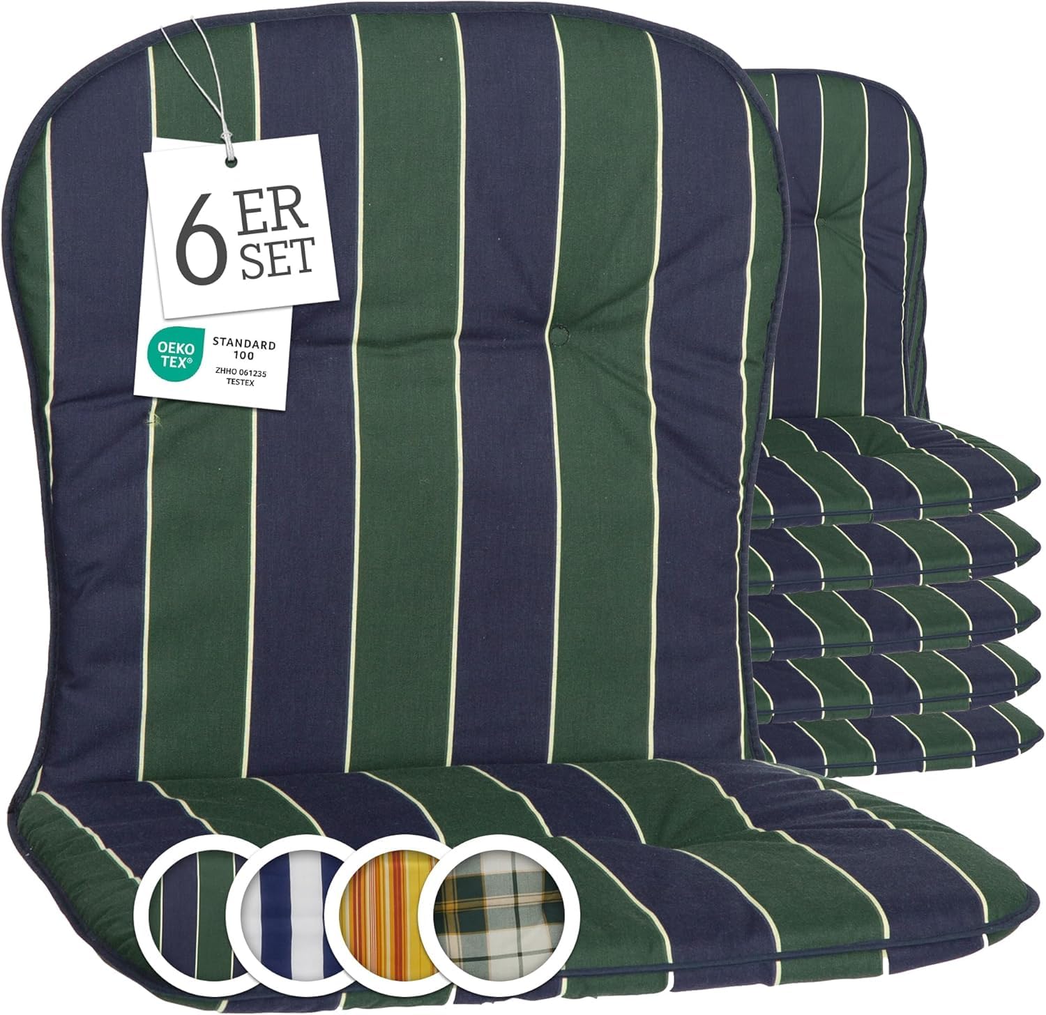 Beo Gartenstuhl-Auflagen Kos Niedriglehner 80x44 cm, 6er Set | Waschbare, UV-beständige Sitz-Kissen | Atmungsaktive Polster-Auflagen nach Öko-Tex Standard | Blau-Grün gestreift | Made in EU