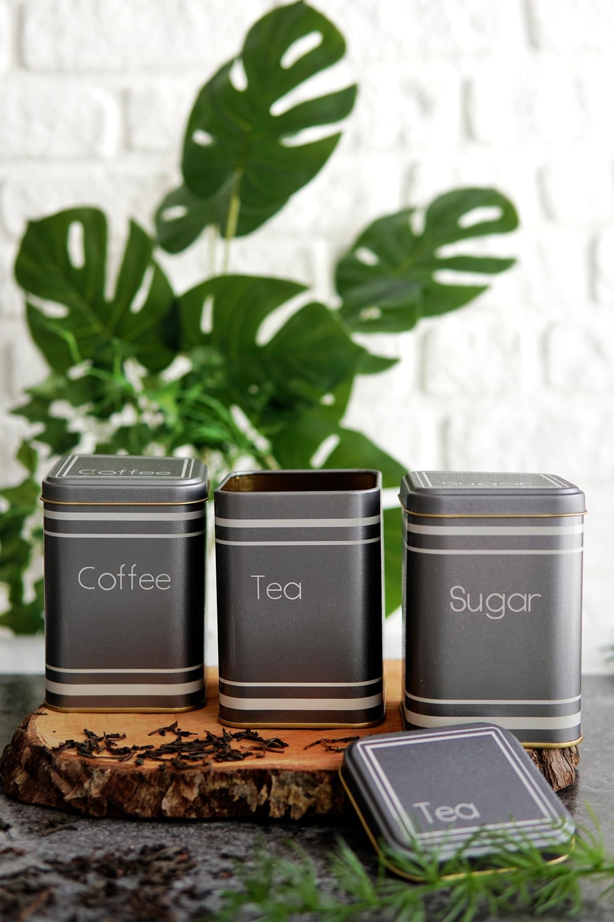 EVLE-Metal Çay, Kahve, Şeker Saklama Kutusu 3 Lü Set 8.7 x 8.7 x 12.5 cm, Silver (Silver)