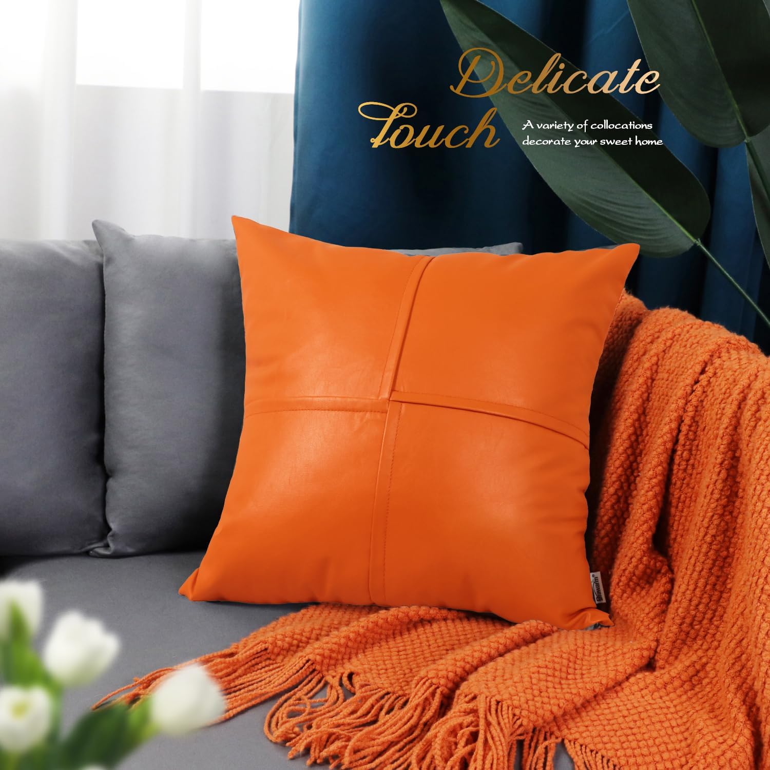 BRAWARM Faux Leather Throw Pillow Covers 22 X 22 Inches, Orange Leather Pillow Covers Pack of 2, Hand Stitched Leather Decorative Throw Pillows for Couch Sofa Bed Living Room Home Garden