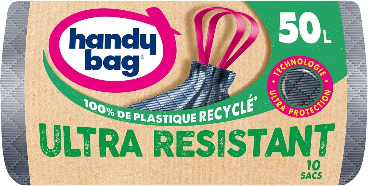 Handy Bag Sacs poubelle à poignées coulissantes Ultra Résistant & Fond anti-fuite, 100% plastique recyclé, 1 rouleau de 10 sacs poubelle 50L - 3