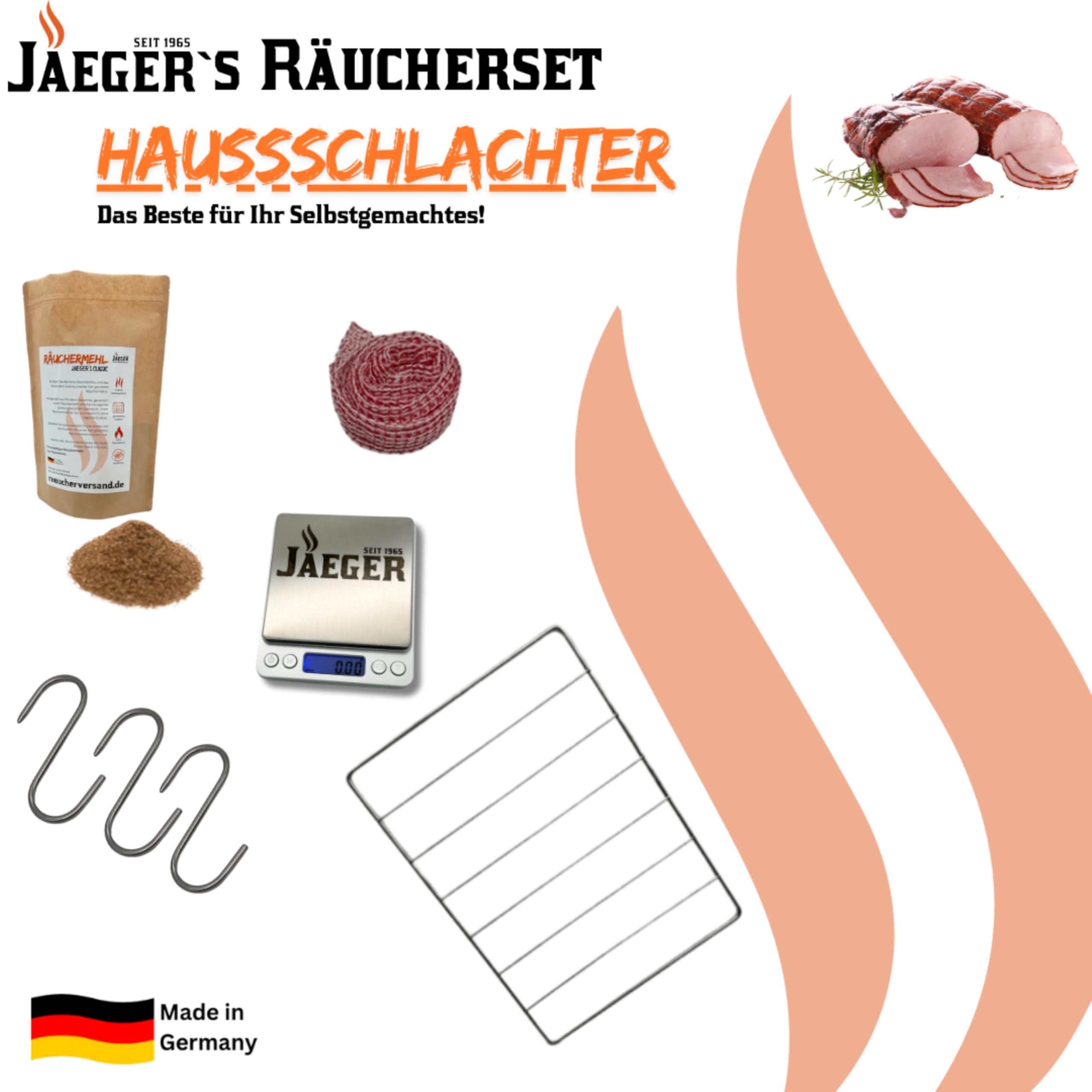 Räucher-Set Hausschlachter – Komplettset zum Fleisch räuchern – inkl. Schinkennetz, Fleischhaken, Edelstahlroste, Räuchermehl & Gewürzwaage – Made in Germany