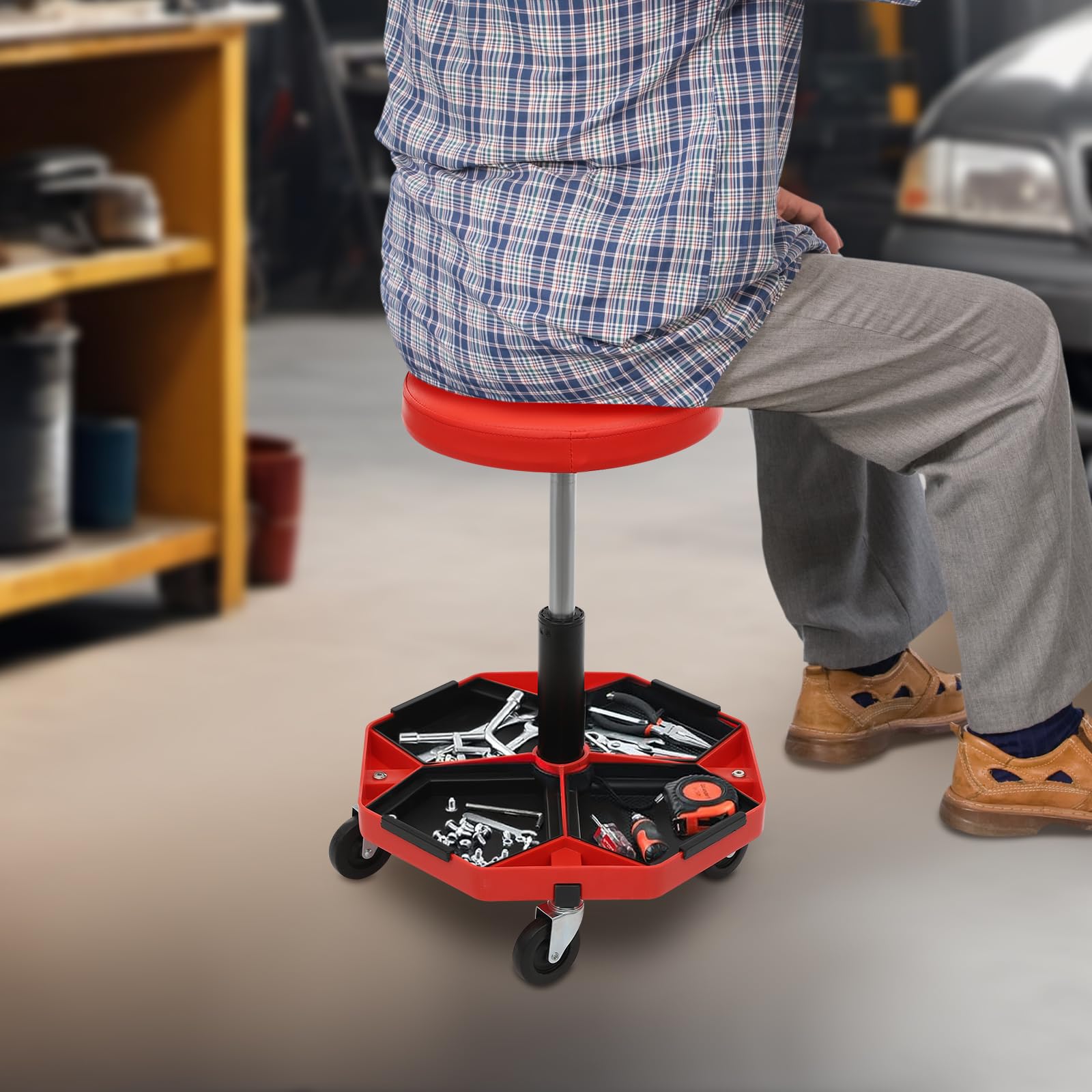 Sgabello da officina regolabile, telescopico, regolabile in altezza, 45-61 cm, carico massimo: 150 kg, sgabello per officina (rosso)