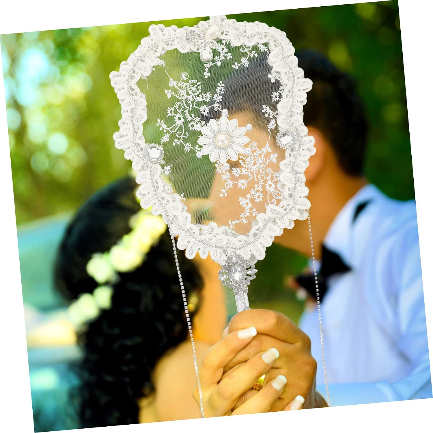 Handheld Lace Fan Floral Embroidery Elegant Wedding Lace Fan for Women Portable for Parties and Special Occasions