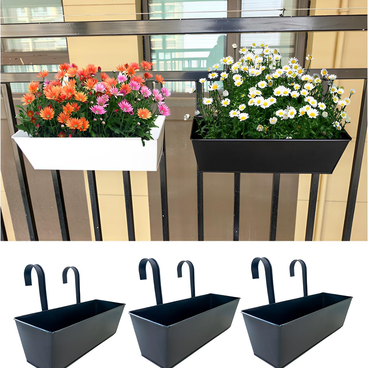 Pots de fleurs à suspendre JPORSHU en fer noir avec crochet amovible pour balcon et jardin | Lot de 3
