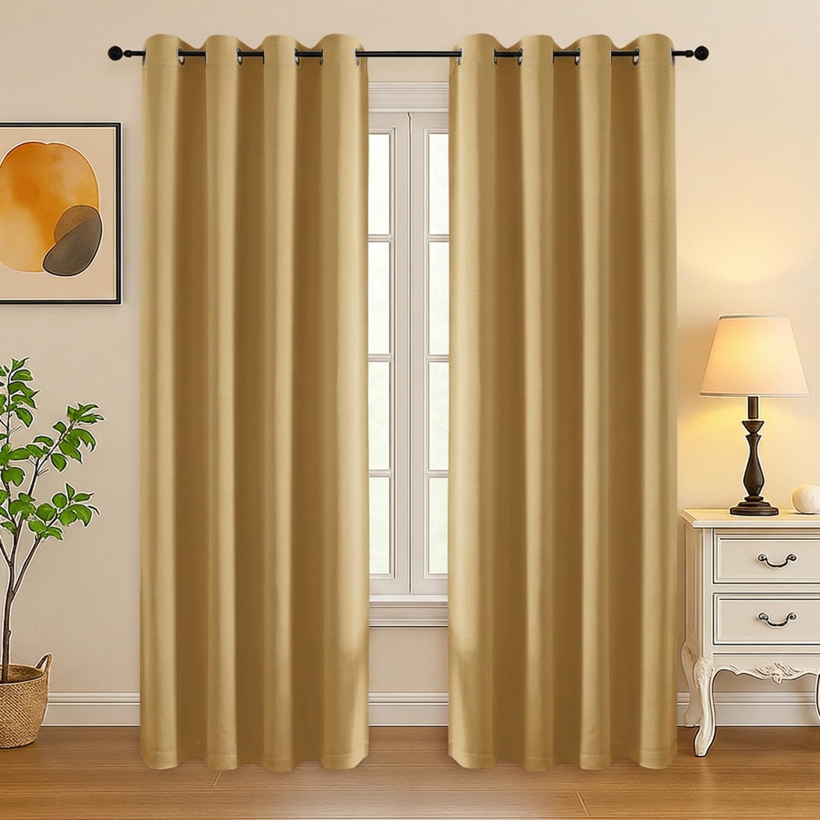 Simplebrand Gold Curtains for Bedroom Living Room 72 Inches Long 2 Panels Set, Room Darkening Thermal Insulated Curtains &amp; Drapes, Solid Grommet Noise Reducing Window Treatment, W50 x L72 Inch