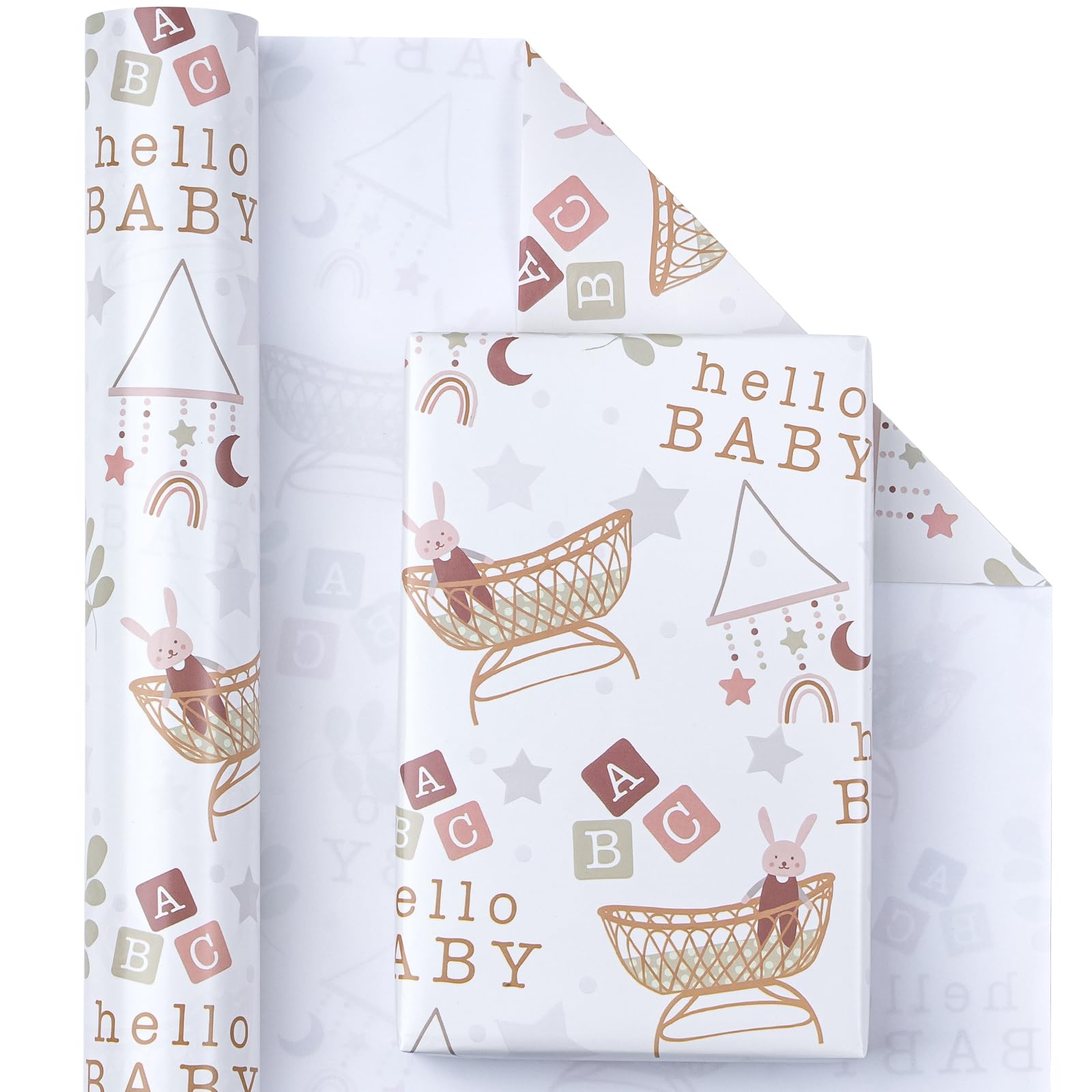 WRAPAHOLIC Papel de regalo jumbo para baby shower, 30 pulgadas x 33 pies, diseño de Hello Baby and Rabbit en moisés para baby shower neutro, cumpleaños de niños y niñas