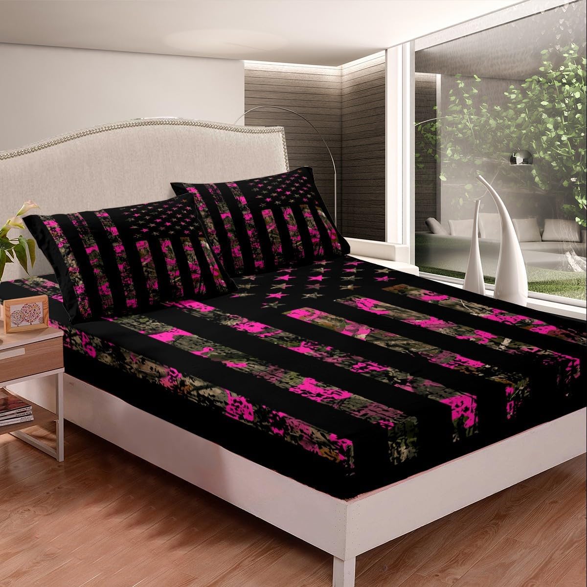 Feelyou Hot Pink Camouflage Bed Sheet Set Boys Girls Twin Size Camo Wild Fitted Sheet for Kids Women Men Wild Hunting Bedding Set Military Style Bed Cover Room Decor
