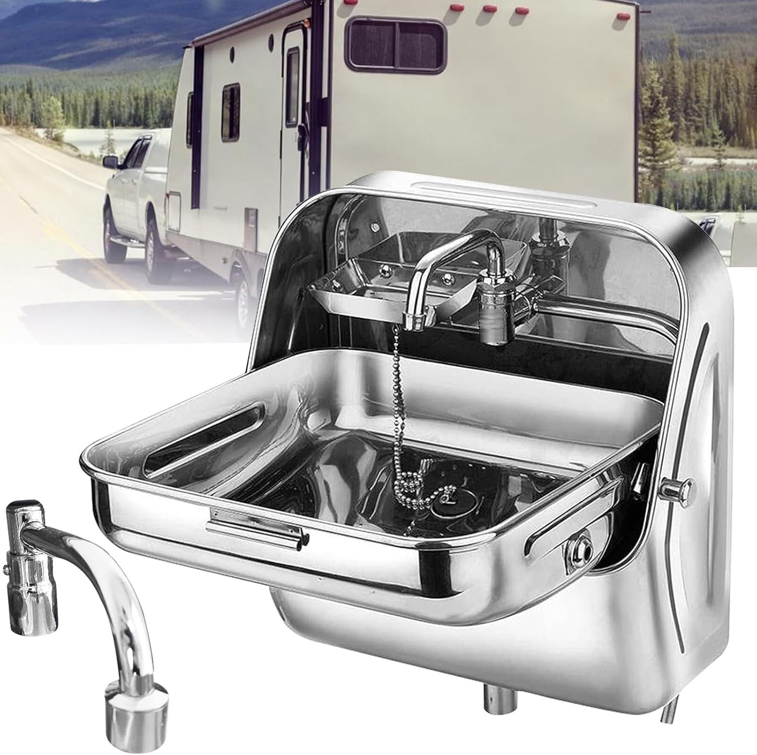 RV Wall-Mounted Sink,Bathroom Vanity Stainless Steel Vessel Sink, Folding RV Sink with Cold Water Faucet - Wall Mount Small Hand Wash Basin Camper Boat,Stainless Steel-37 * 39 * 37.5cm