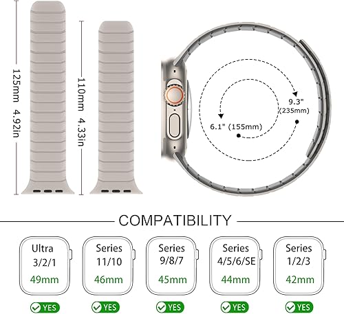 Miniatura 3 de Tasikar Bandas magnéticas compatibles con Apple Watch de 1.929 in, 1.811 in, 1.772 in, 1.732 in, 1.654 in, silicona suave, correa de repuesto para