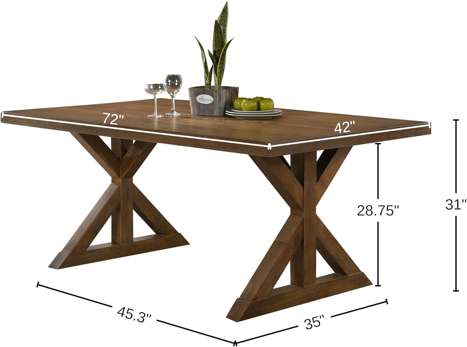 Enna Morden Farmhouse Wood Trestle Dining Table, Brushed Driftwood Finish
