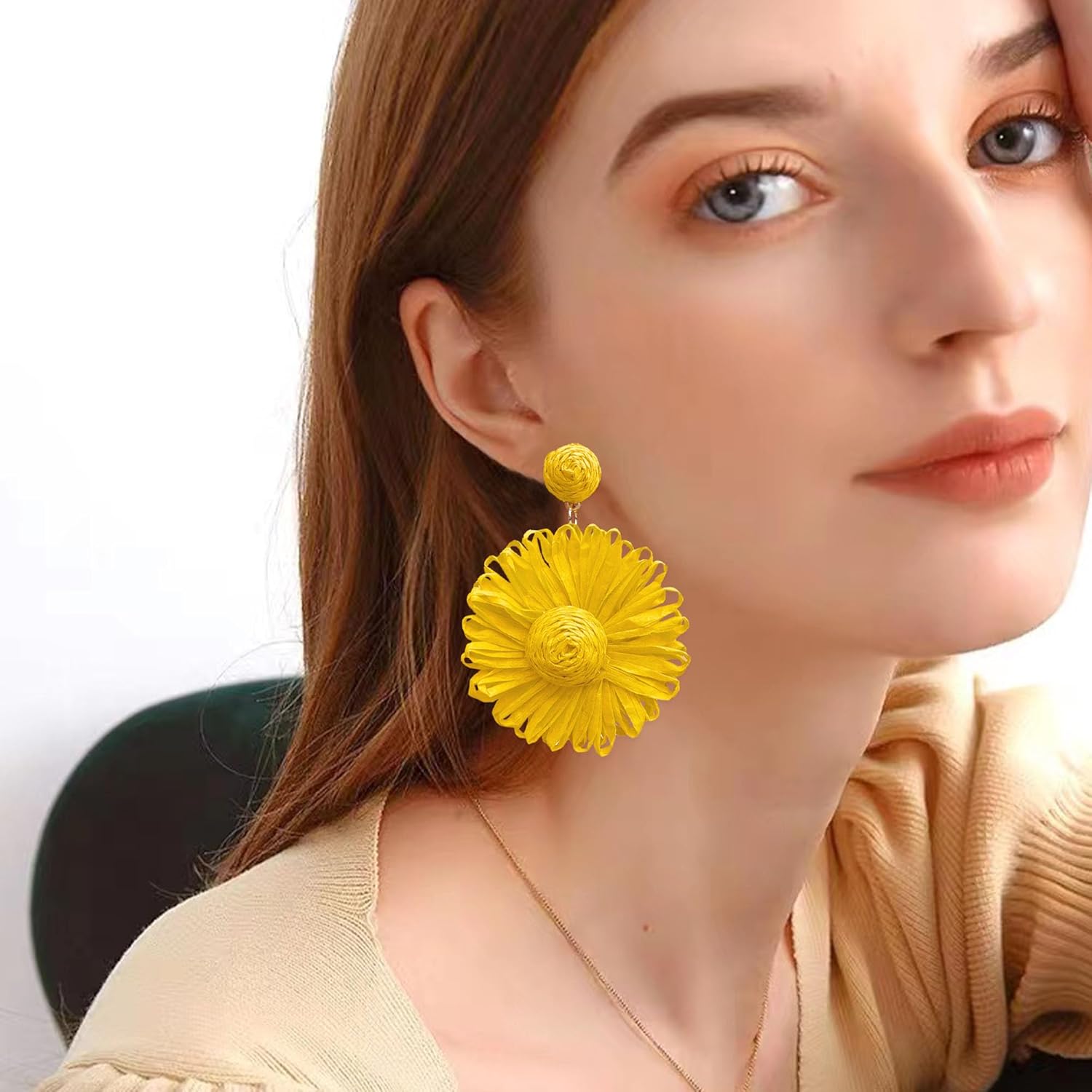 Boho Raffia Flower Earrings Cute Raffia Rattan Drop Earrings for Women Spring Summer Beach Vacation Jewelry - Image 4