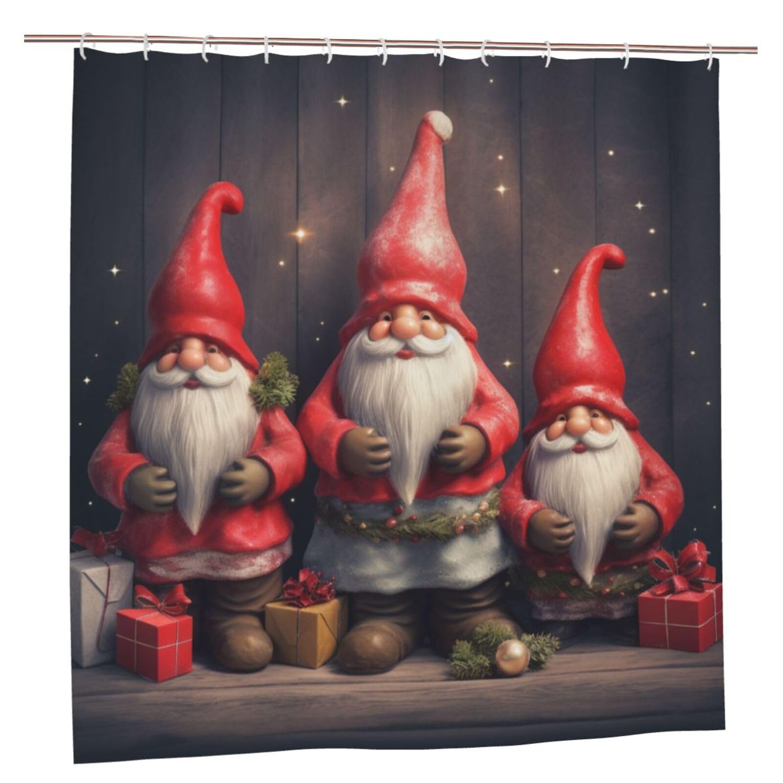 BWWHCCTI Gnomes Santa Printed Shower Curtain With 12 Plastic Hooks Opaque Quick Drying Waterproof Shower Curtains Sets For Bathroom 183x183 CM
