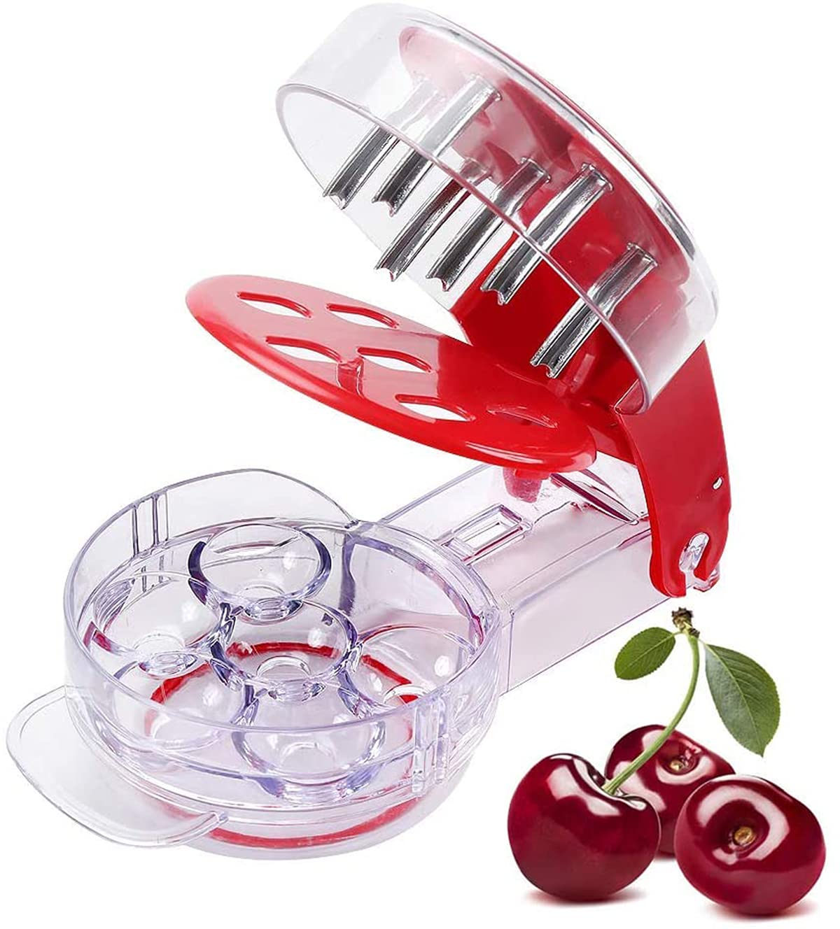 Cherry Pitter, Cherry Stone Remover, KASTWAVE Professional Cherry Pitter Olive Pitter Tool with Pit and Juice Container, 6 Cherries at Once