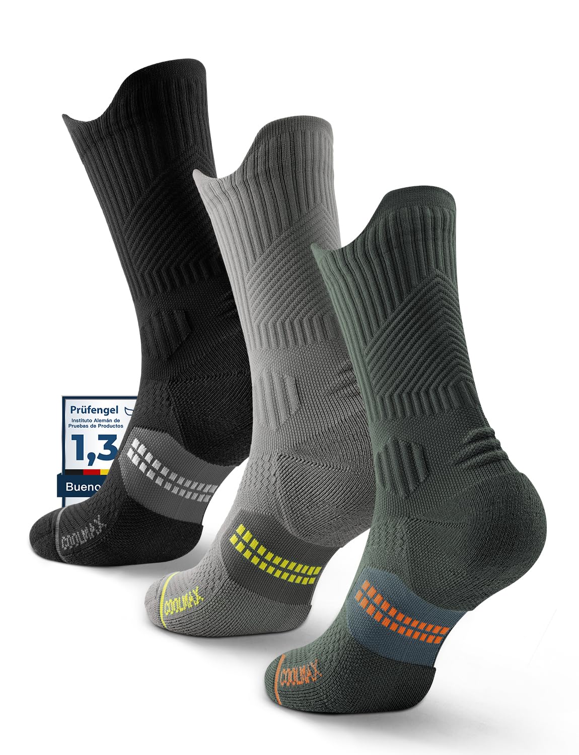 Juclise Calcetines de Compresión Running, Acolchados para Senderismo y Entrenamiento Deportivo (FR/ES, Números, 38, 42, Regular, Regular, Gris Medianoche+Verde Militar+Negro)
