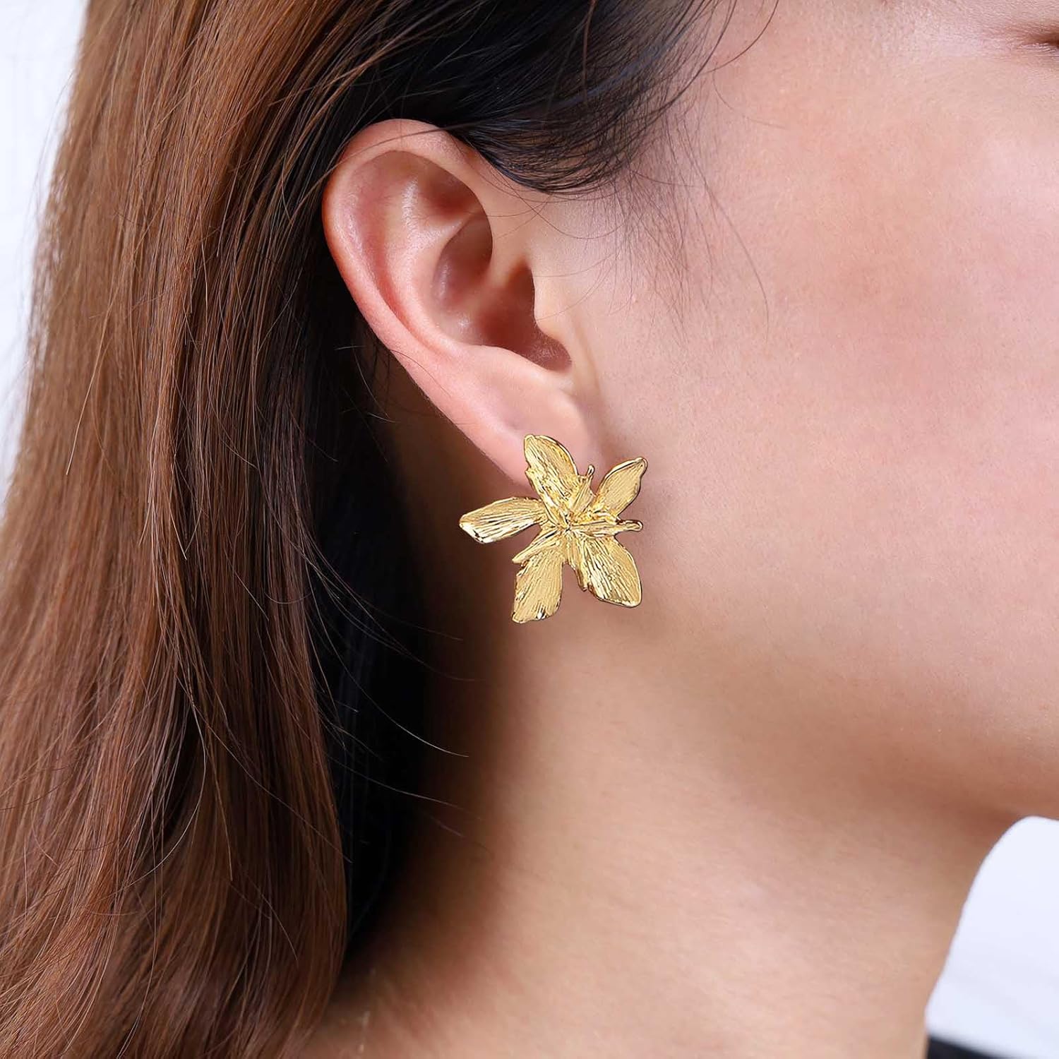 Metal Flower Stud Earrings Gold Flower Statement Earrings 3D Flower Petal Earrings Exaggerated Flower Earrings Floral Earrings Jewelry for Women - Image 5