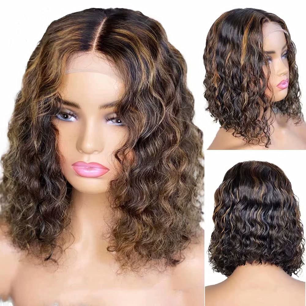 ten chopsticks Wigs Highlight Honey Blonde Ombre 1B/27 Color 13X4 Lace Pixie Short Curly Bob Blunt Cut Pre plucked Lace Front Human Hair Wig Remy 150 Density for Women 8inch