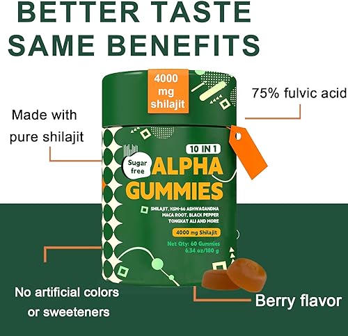 Miniatura 2 de Himalayan - Gomitas Alpha Shilajit 10 en 1, 4000 mg con Ashwagandha KSM-66, raíz de maca y 75% ácido fúlvico, más de 85 oligominerales, sin OMG