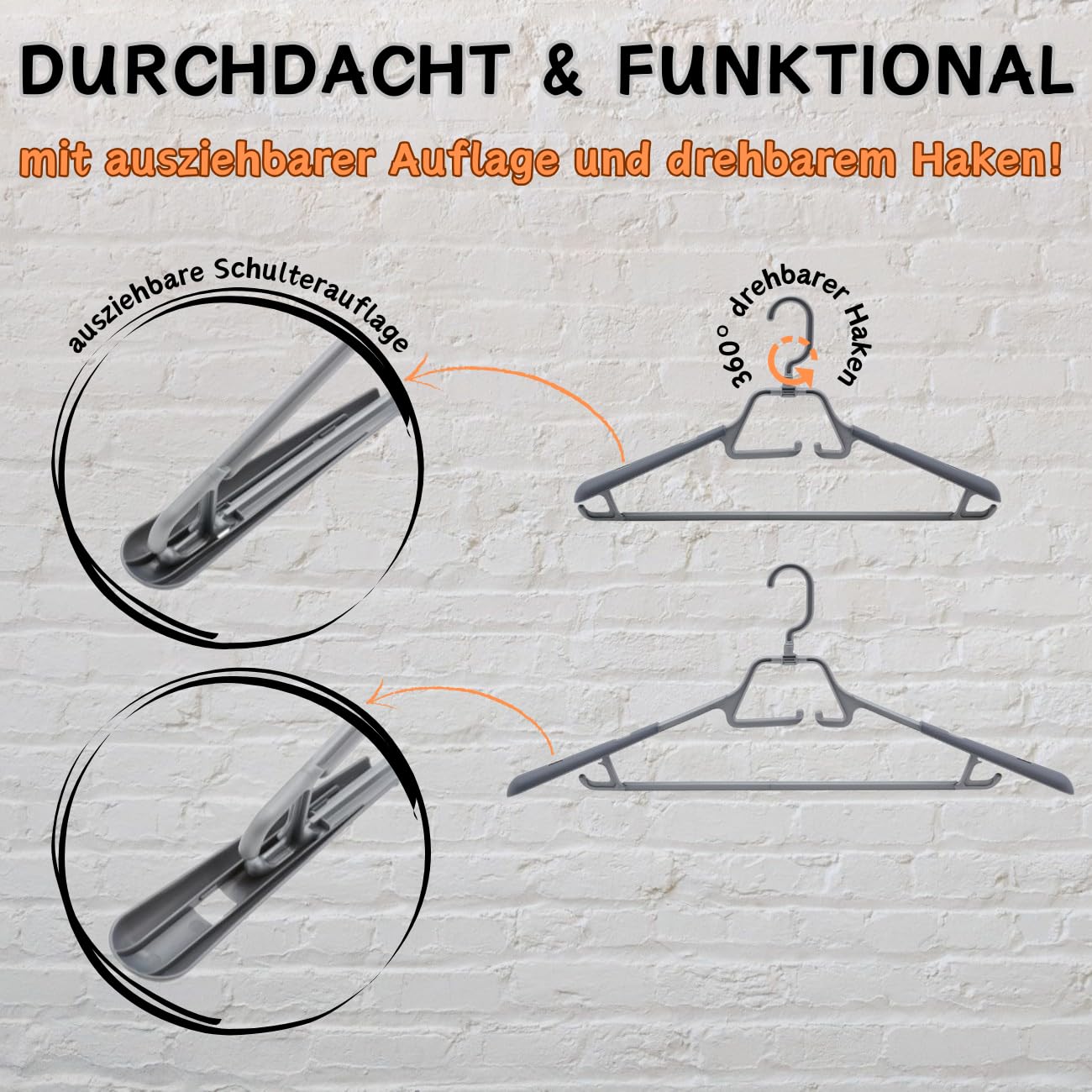 30er Set Kleiderbügel, Weiß/Anthrazit, drehbarer/einklappbarer Haken, ausziehbare/breite Auflagefläche, rutschfest, robust, stabil, Kunststoff, für Mäntel, Hosen, Krawatten, Blusen