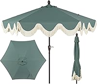 JONATHAN Y Collins UMB1001 9ft Tassel Market Patio Umbrella - Auto-Tilt Crank, Wind Vent, UV Protection, Cottage Style