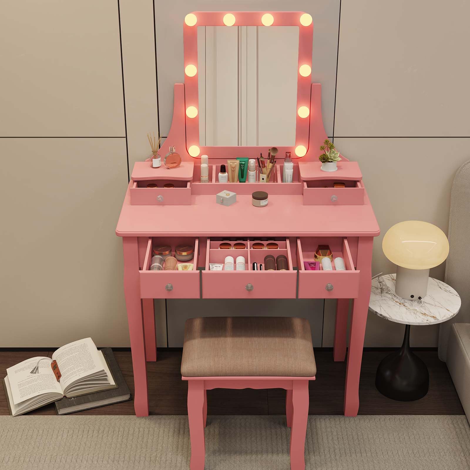 YIXHQ Vanity Desk with Mirror and Lights Makeup Vanity Desk with Lights Pink Vanity Table with Drawers and Chair Make Up Vanity with Lighted Mirror